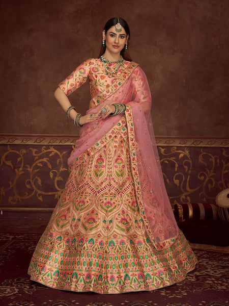 Myra Peach Pink Art Silk Embroidered Designer Lehenga