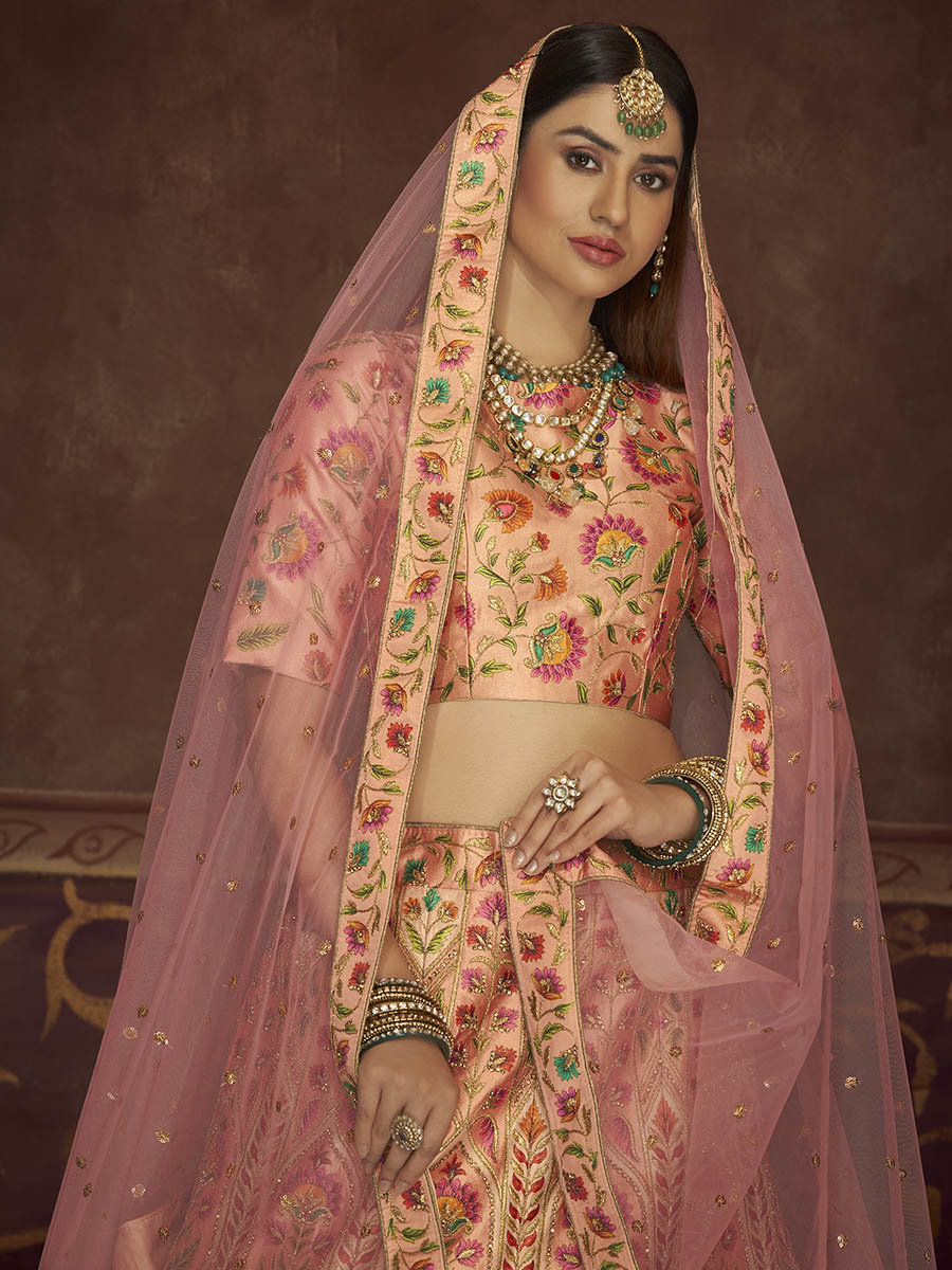 Myra Peach Pink Art Silk Embroidered Designer Lehenga
