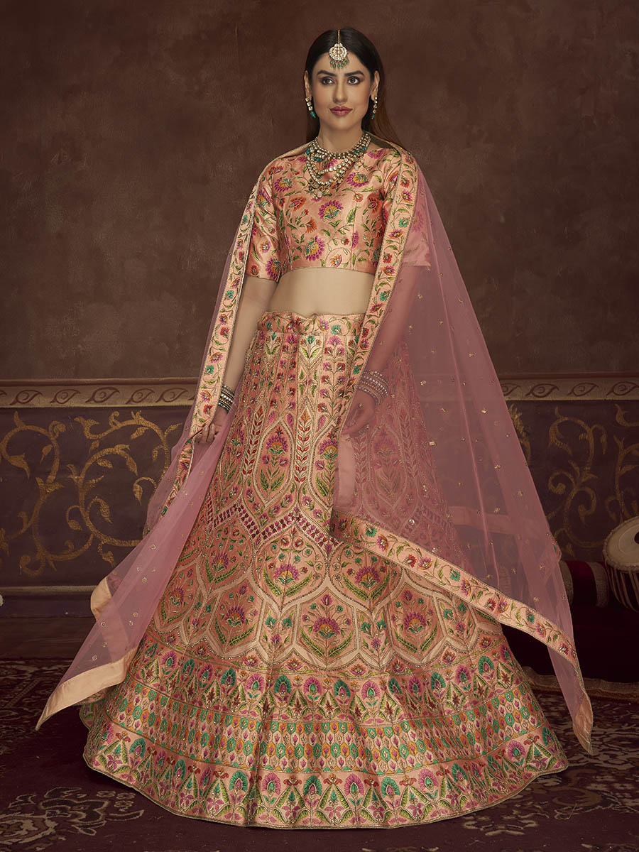 Myra Peach Pink Art Silk Embroidered Designer Lehenga