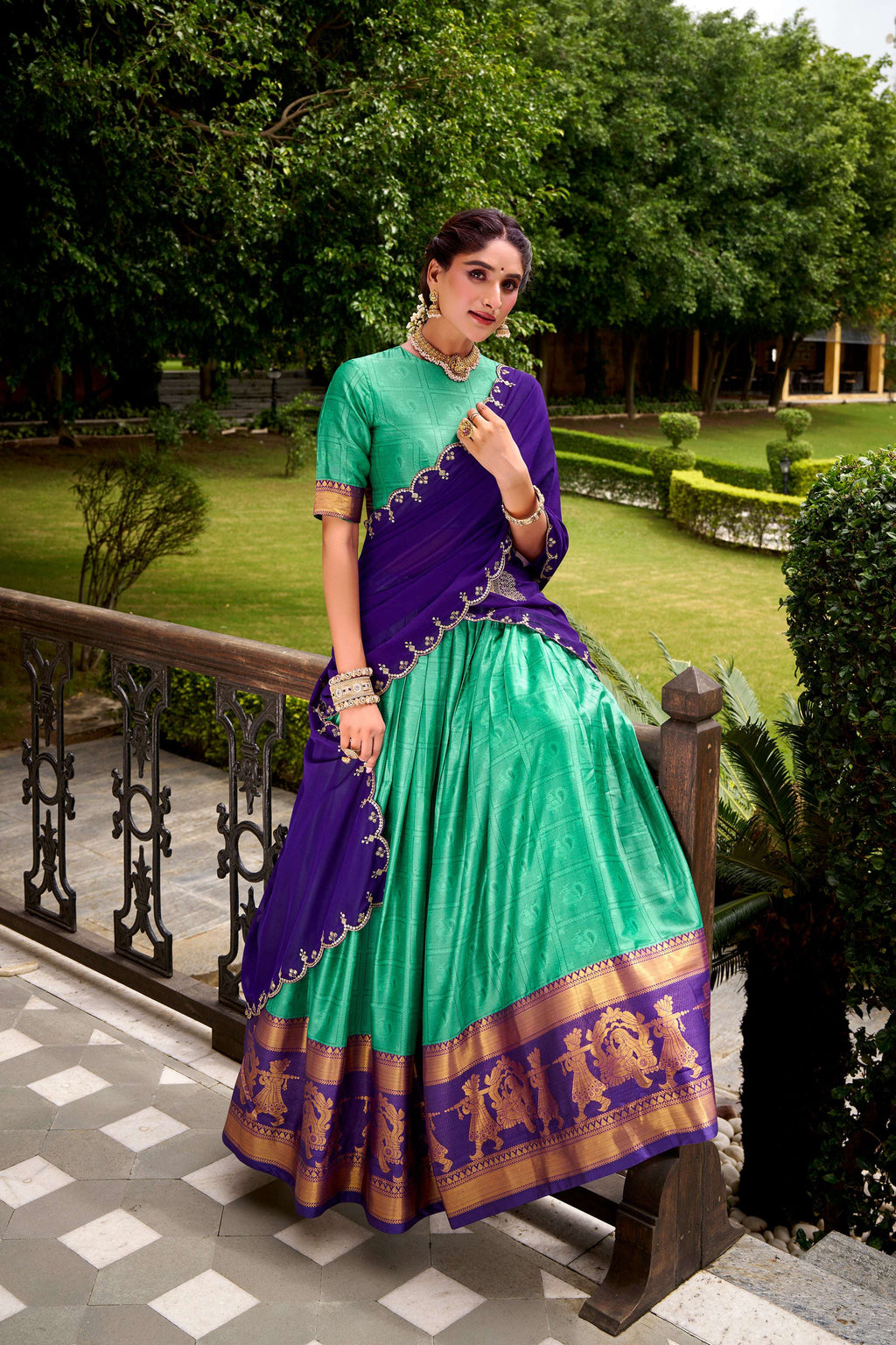 Evanik Traditional Bottle Green Poly Cotton Half Saree With Zari Weaving Work Lehenga Choli - Distacart