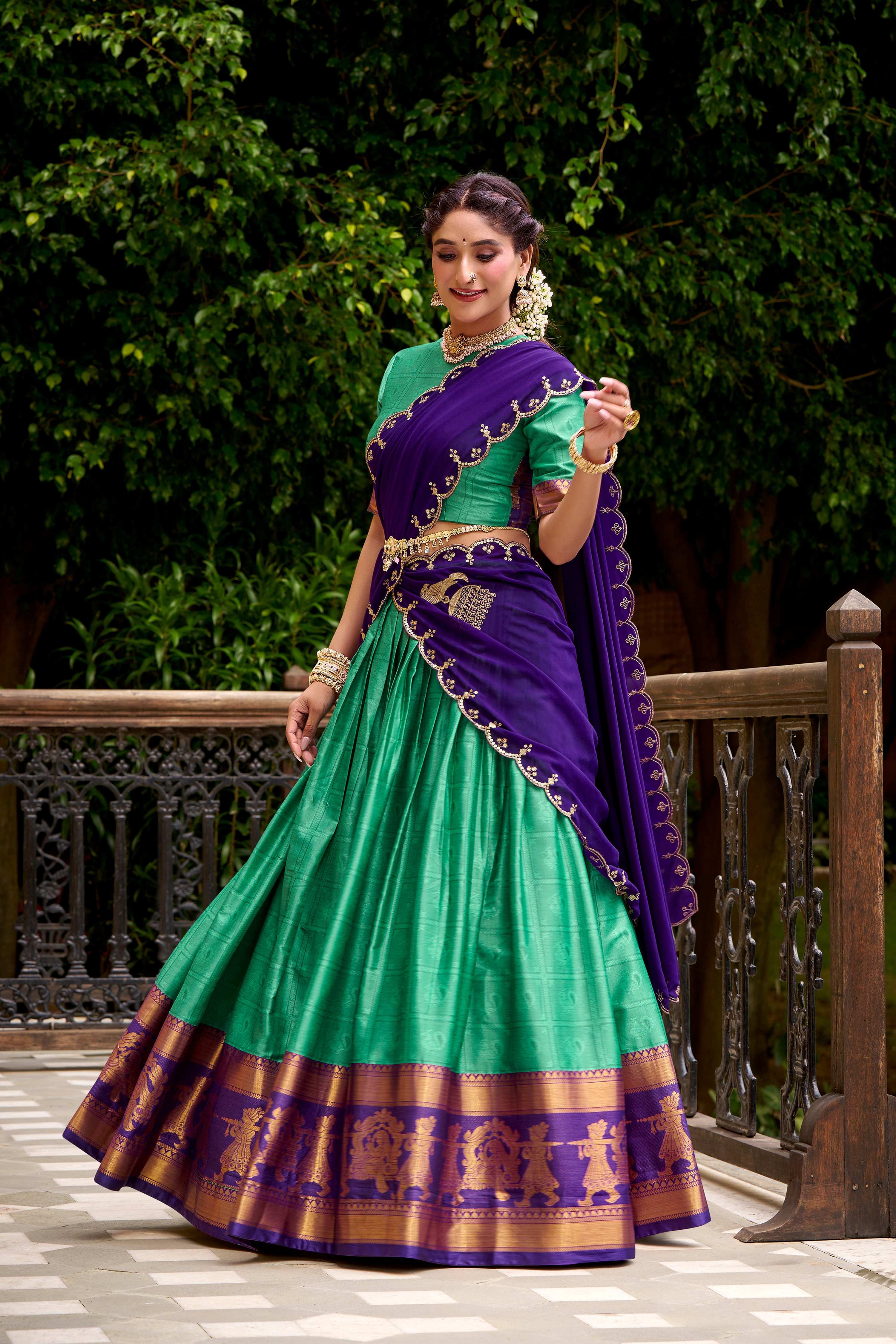 Evanik Traditional Bottle Green Poly Cotton Half Saree With Zari Weaving Work Lehenga Choli - Distacart