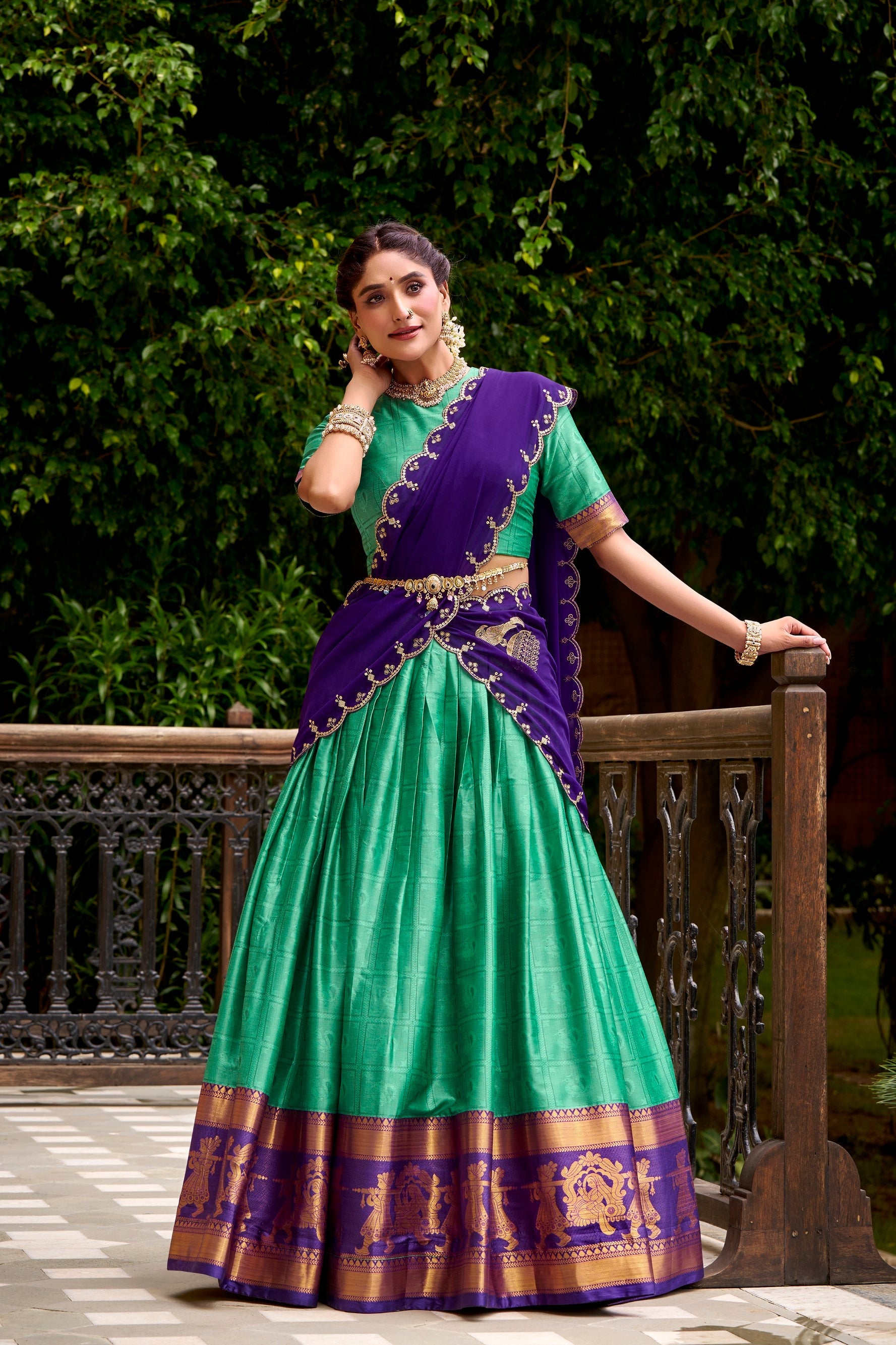 Lorenvalley Fashion Green Poly Cotton Zari Weaving Work Lehenga Choli with Dupatta - Distacart