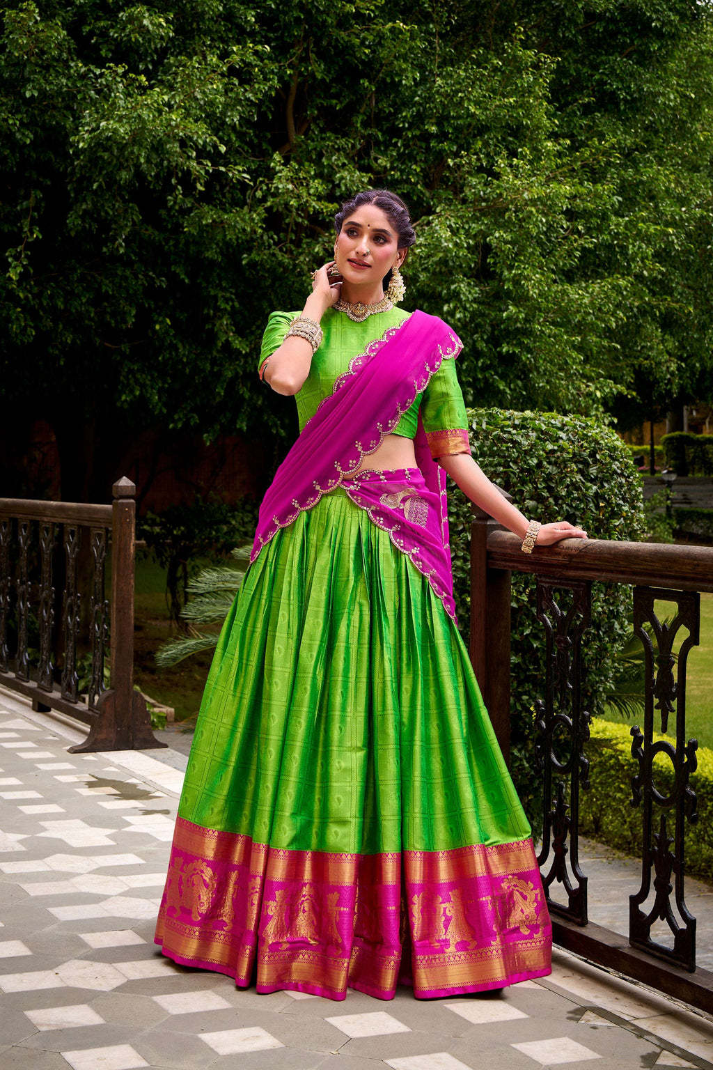 Evanik Traditional Parrot Poly Cotton Half Saree With Zari Weaving Work Lehenga Choli - Distacart