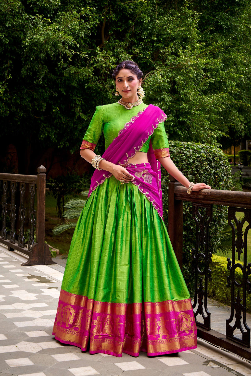Evanik Traditional Parrot Poly Cotton Half Saree With Zari Weaving Work Lehenga Choli - Distacart
