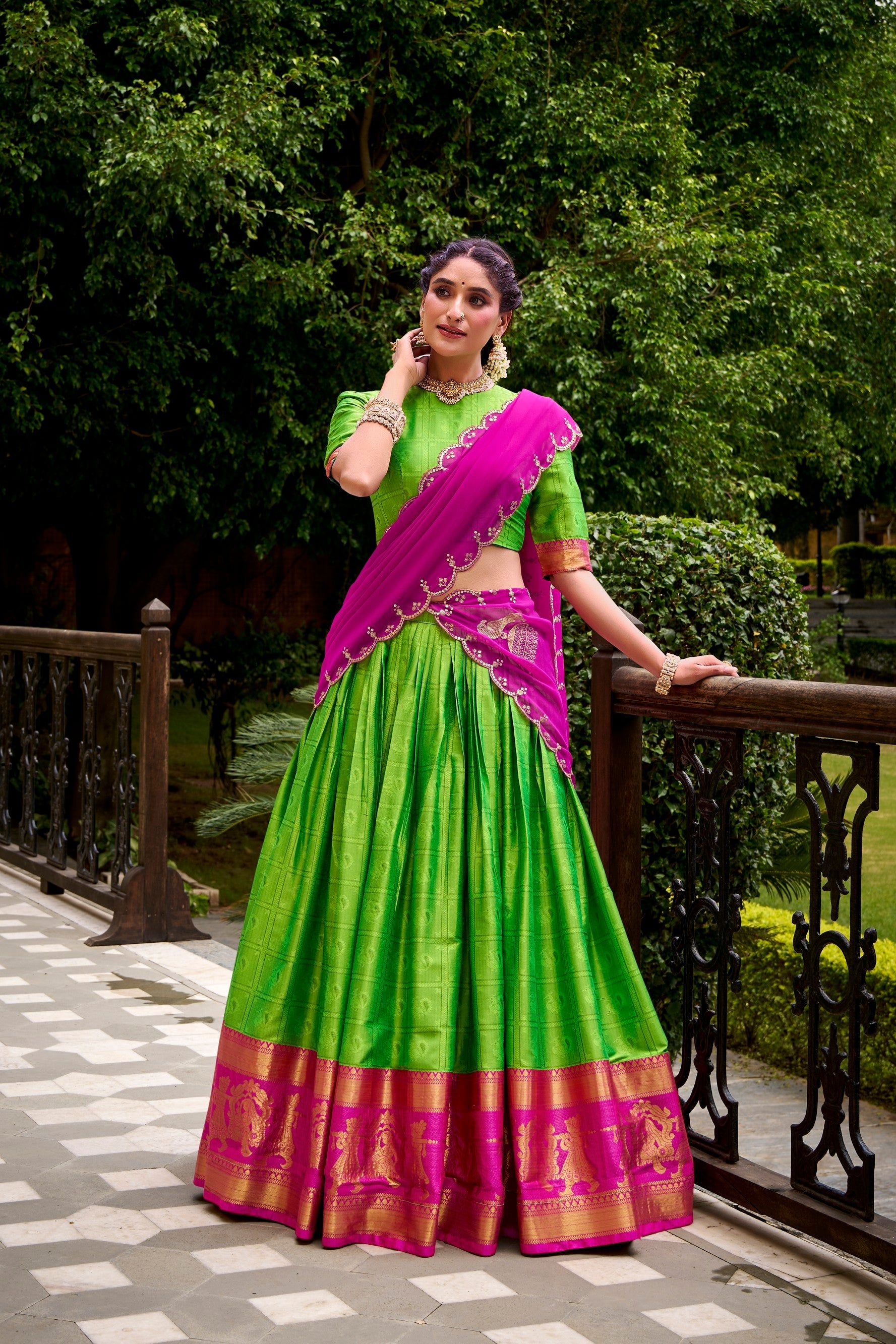Lorenvalley Fashion Parrot Green Poly Cotton Zari Weaving Work Lehenga Choli with Dupatta - Distacart