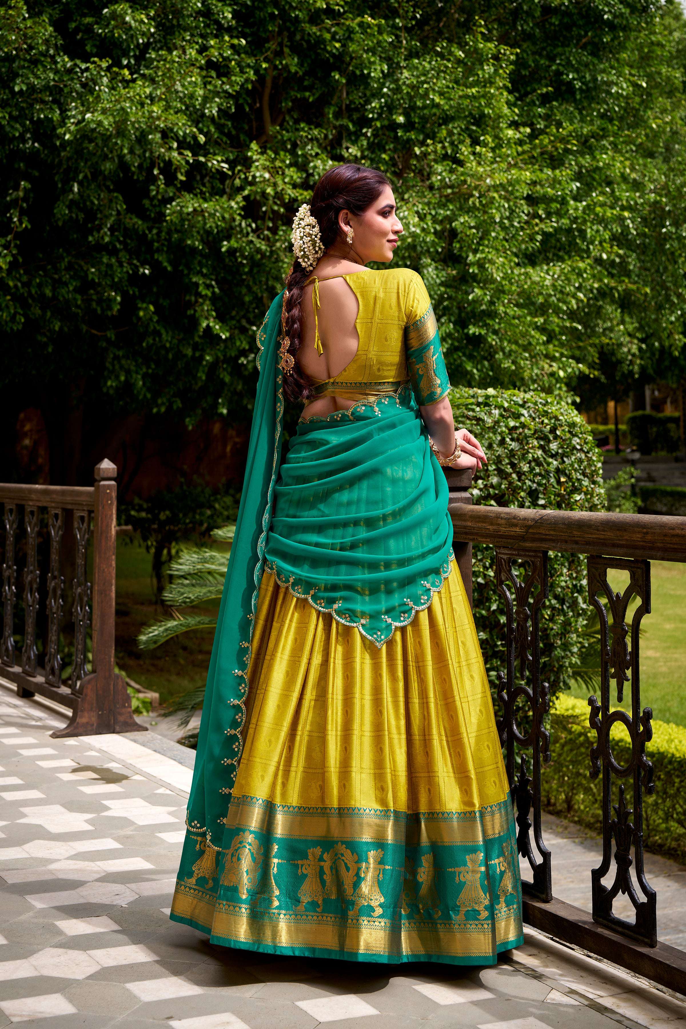 Evanik Traditional Yellow Poly Cotton Half Saree With Zari Weaving Work Lehenga Choli - Distacart