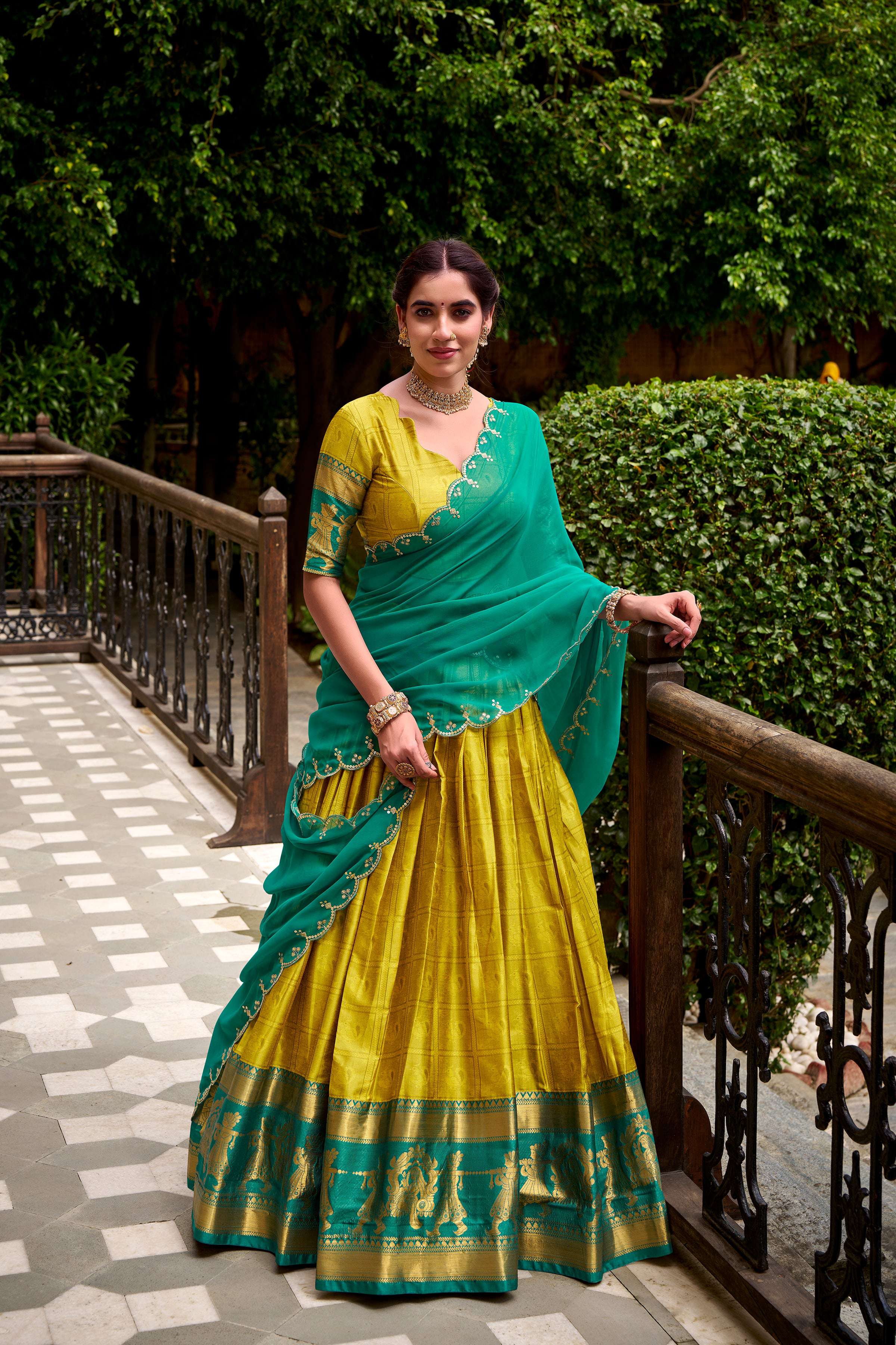 Evanik Traditional Yellow Poly Cotton Half Saree With Zari Weaving Work Lehenga Choli - Distacart