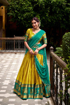 Evanik Traditional Yellow Poly Cotton Half Saree With Zari Weaving Work Lehenga Choli - Distacart