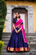Lorenvalley Fashion Navyblue Poly Cotton Zari Weaving Work Lehenga Choli with Dupatta
