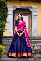 Lorenvalley Fashion Navyblue Poly Cotton Zari Weaving Work Lehenga Choli with Dupatta