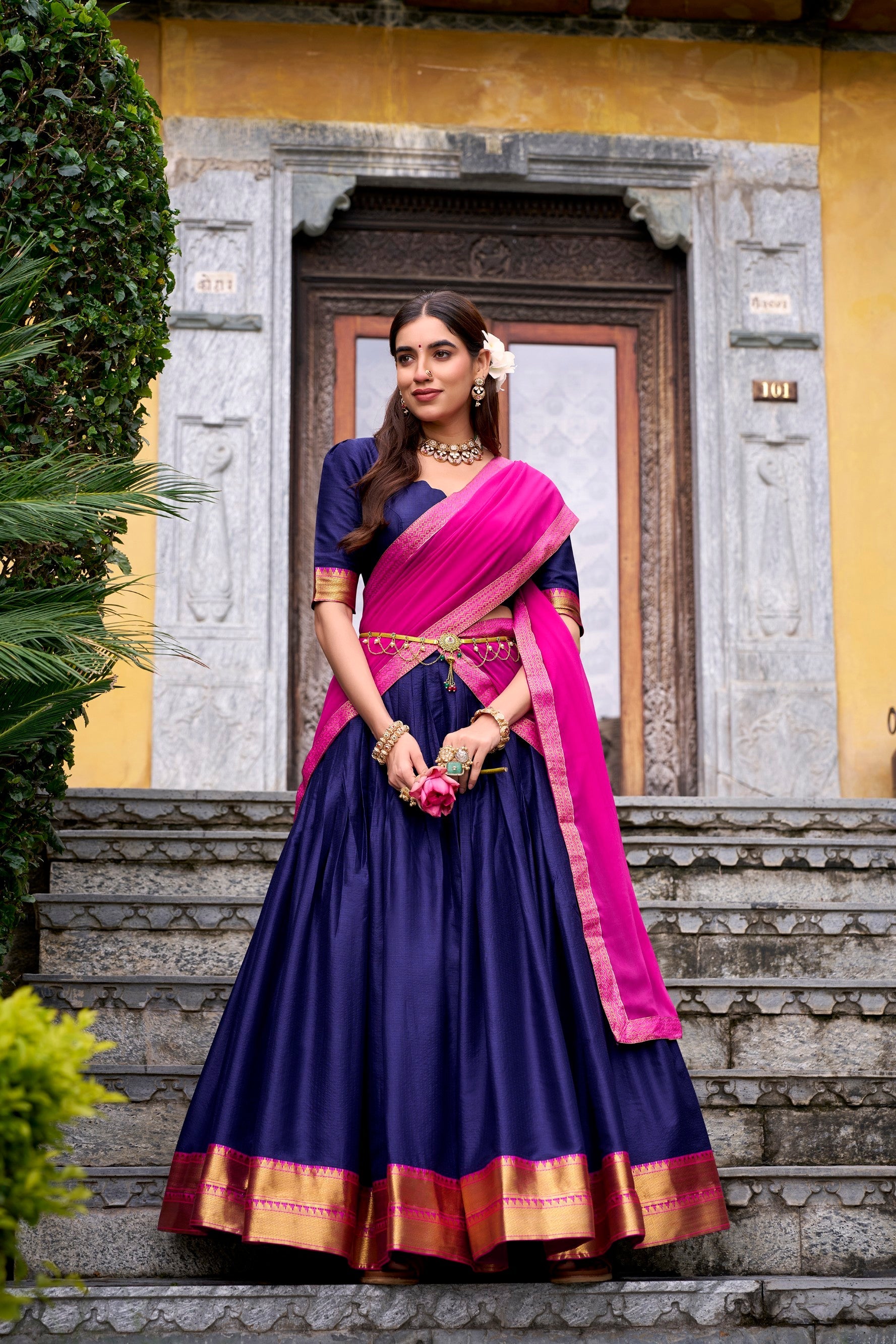 Lorenvalley Fashion Navyblue Poly Cotton Zari Weaving Work Lehenga Choli with Dupatta