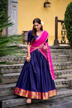 Lorenvalley Fashion Navyblue Poly Cotton Zari Weaving Work Lehenga Choli with Dupatta