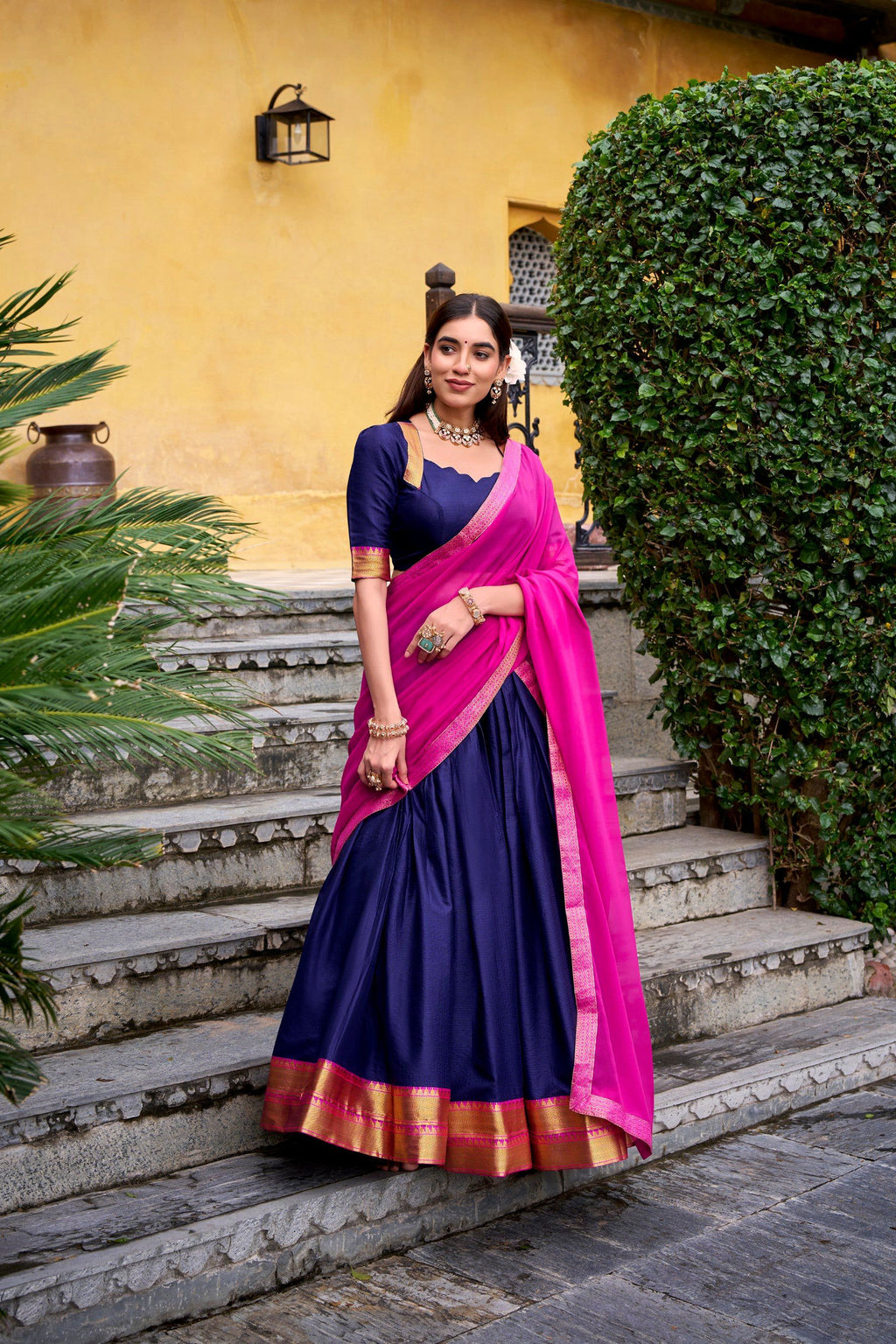 Lorenvalley Fashion Navyblue Poly Cotton Zari Weaving Work Lehenga Choli with Dupatta