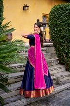 Lorenvalley Fashion Navyblue Poly Cotton Zari Weaving Work Lehenga Choli with Dupatta