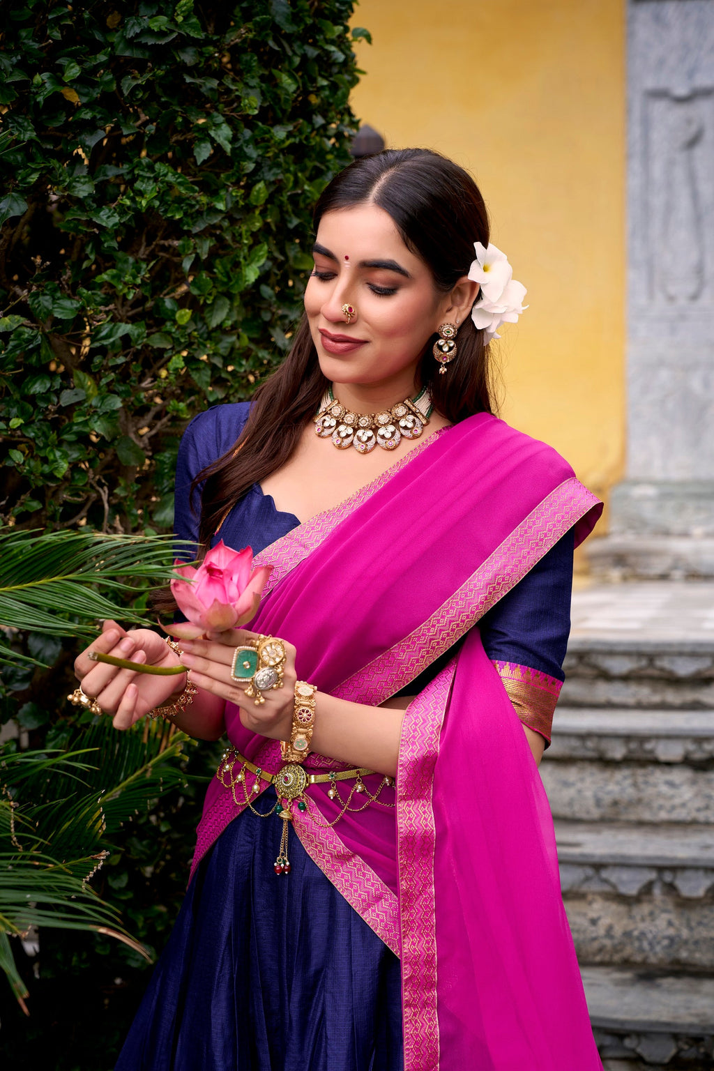 Lorenvalley Fashion Navyblue Poly Cotton Zari Weaving Work Lehenga Choli with Dupatta