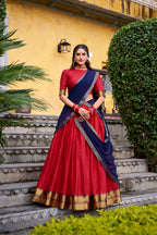 Lorenvalley Fashion Red Poly Cotton Zari Weaving Work Lehenga Choli with Dupatta - Distacart