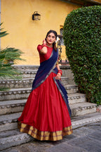 Lorenvalley Fashion Red Poly Cotton Zari Weaving Work Lehenga Choli with Dupatta - Distacart