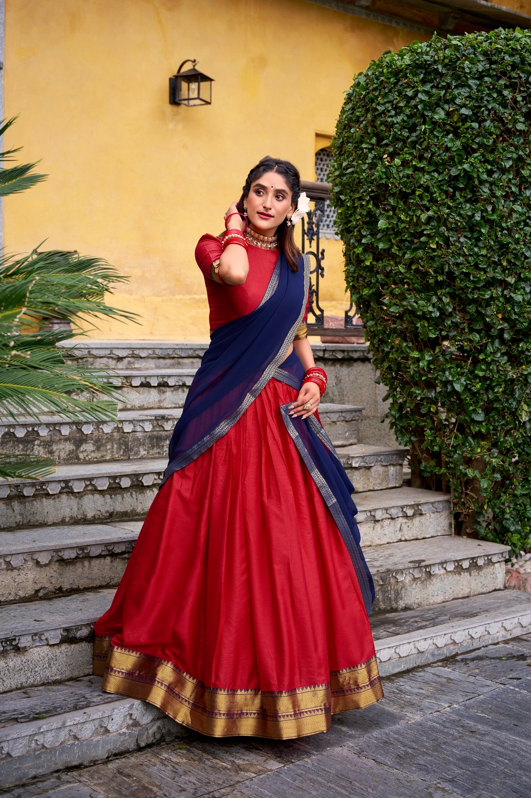 Lorenvalley Fashion Red Poly Cotton Zari Weaving Work Lehenga Choli with Dupatta - Distacart