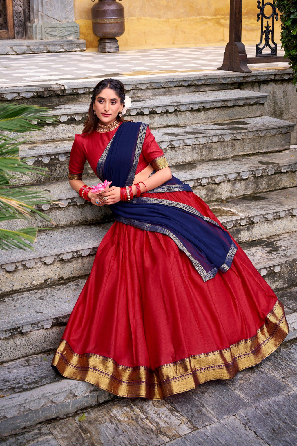 Lorenvalley Fashion Red Poly Cotton Zari Weaving Work Lehenga Choli with Dupatta - Distacart