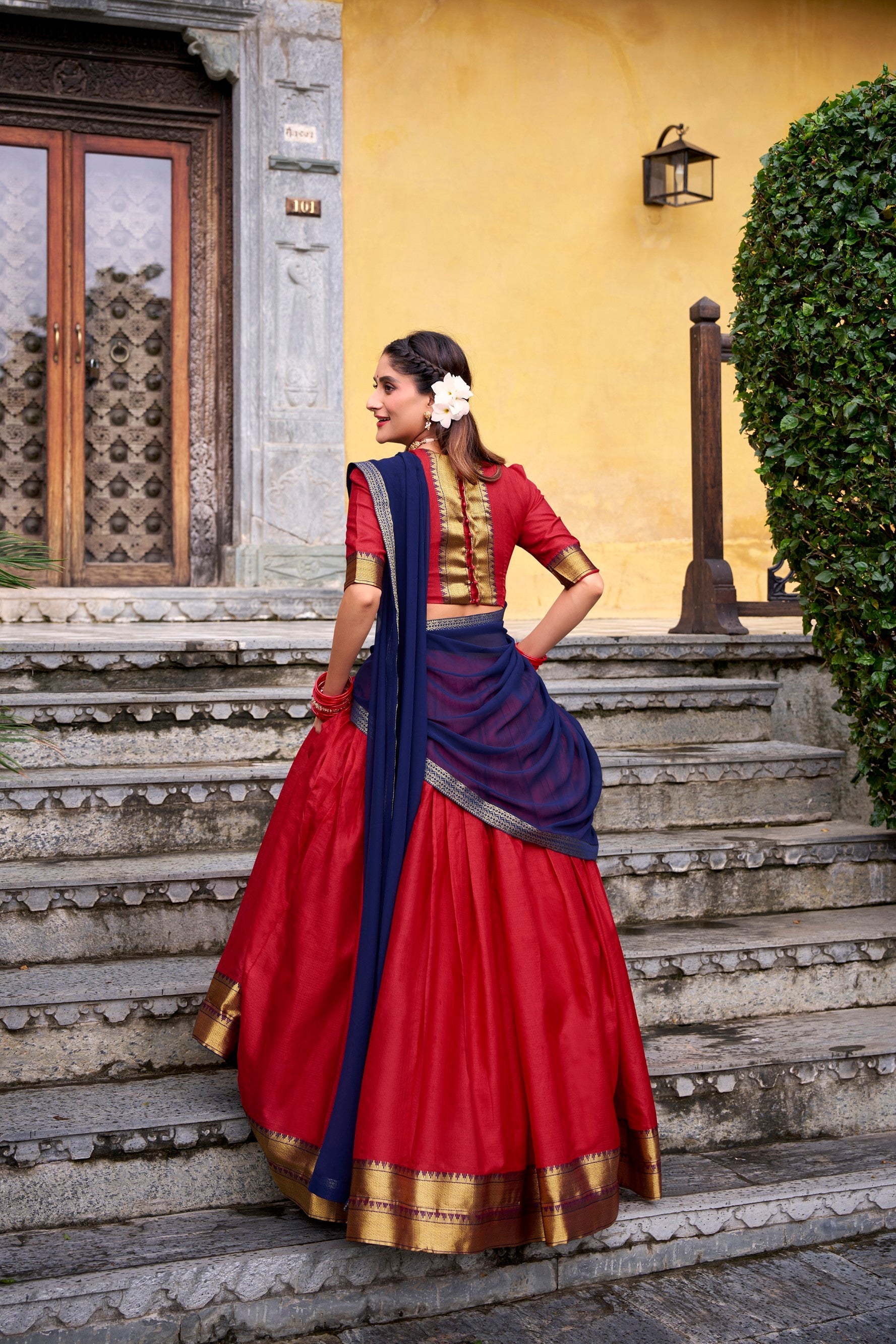 Lorenvalley Fashion Red Poly Cotton Zari Weaving Work Lehenga Choli with Dupatta - Distacart