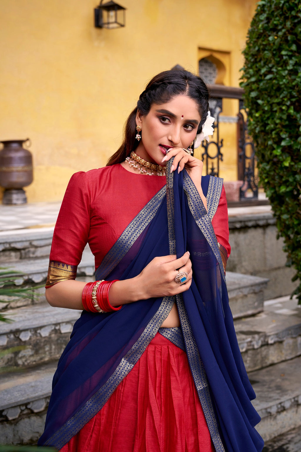 Lorenvalley Fashion Red Poly Cotton Zari Weaving Work Lehenga Choli with Dupatta - Distacart