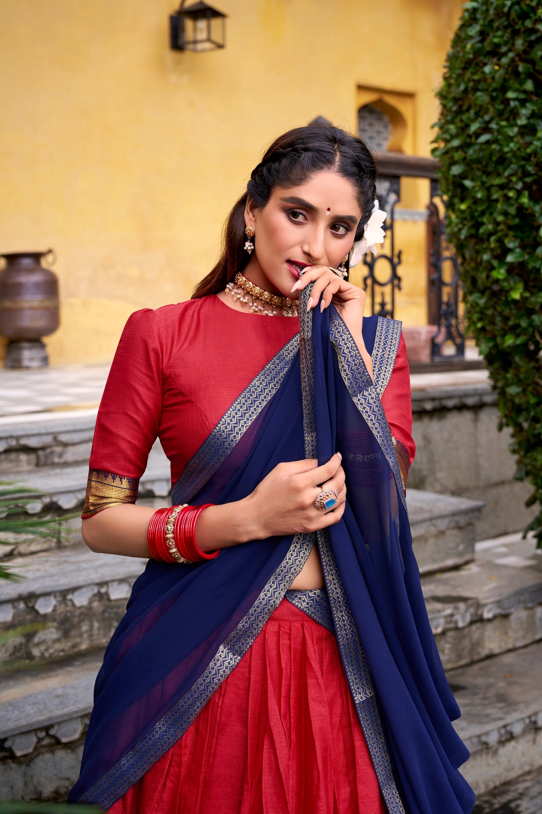 Lorenvalley Fashion Red Poly Cotton Zari Weaving Work Lehenga Choli with Dupatta - Distacart