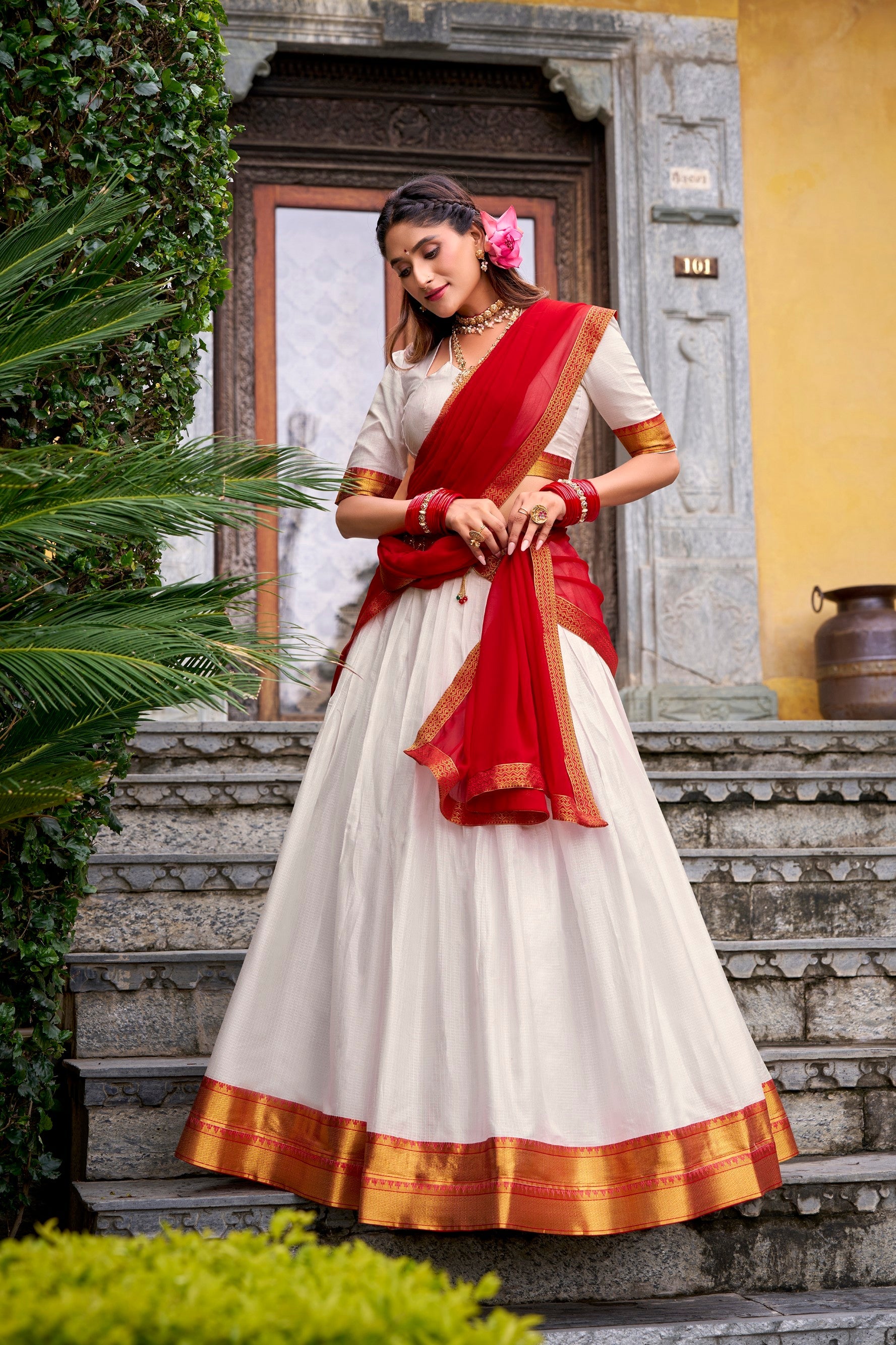 Lorenvalley Fashion White Poly Cotton Zari Weaving Work Lehenga Choli with Dupatta