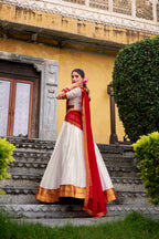 Lorenvalley Fashion White Poly Cotton Zari Weaving Work Lehenga Choli with Dupatta