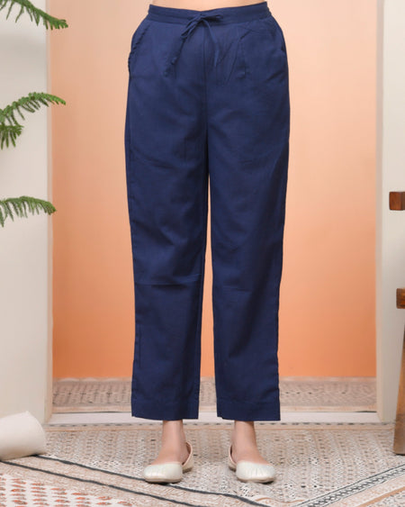 Vaasva Women Royal Blue Cotton Flax Solid Straight Pants