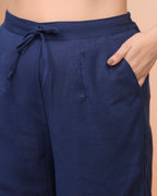 Vaasva Women Royal Blue Cotton Flax Solid Straight Pants