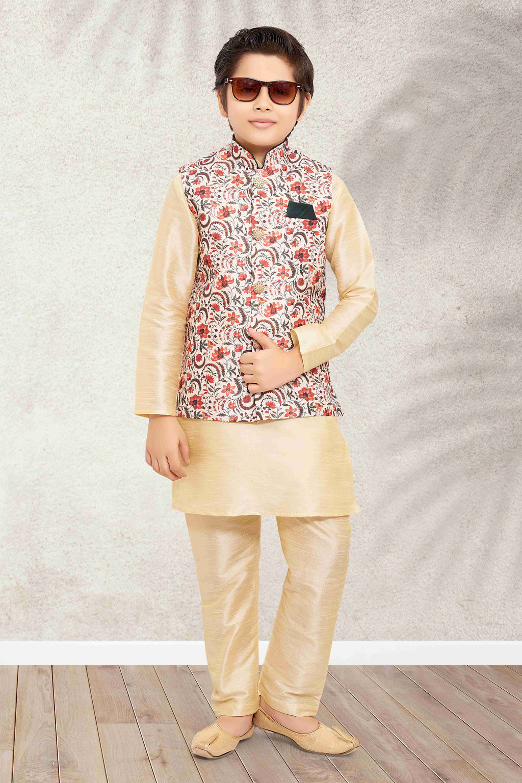 Raivat Ethnic Banarasi Silk Digital Printed Kurta Pajama With Jacket In Cream Colour - Distacart