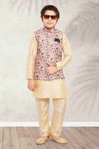 Raivat Ethnic Banarasi Silk Digital Printed Kurta Pajama With Jacket In Cream Colour - Distacart