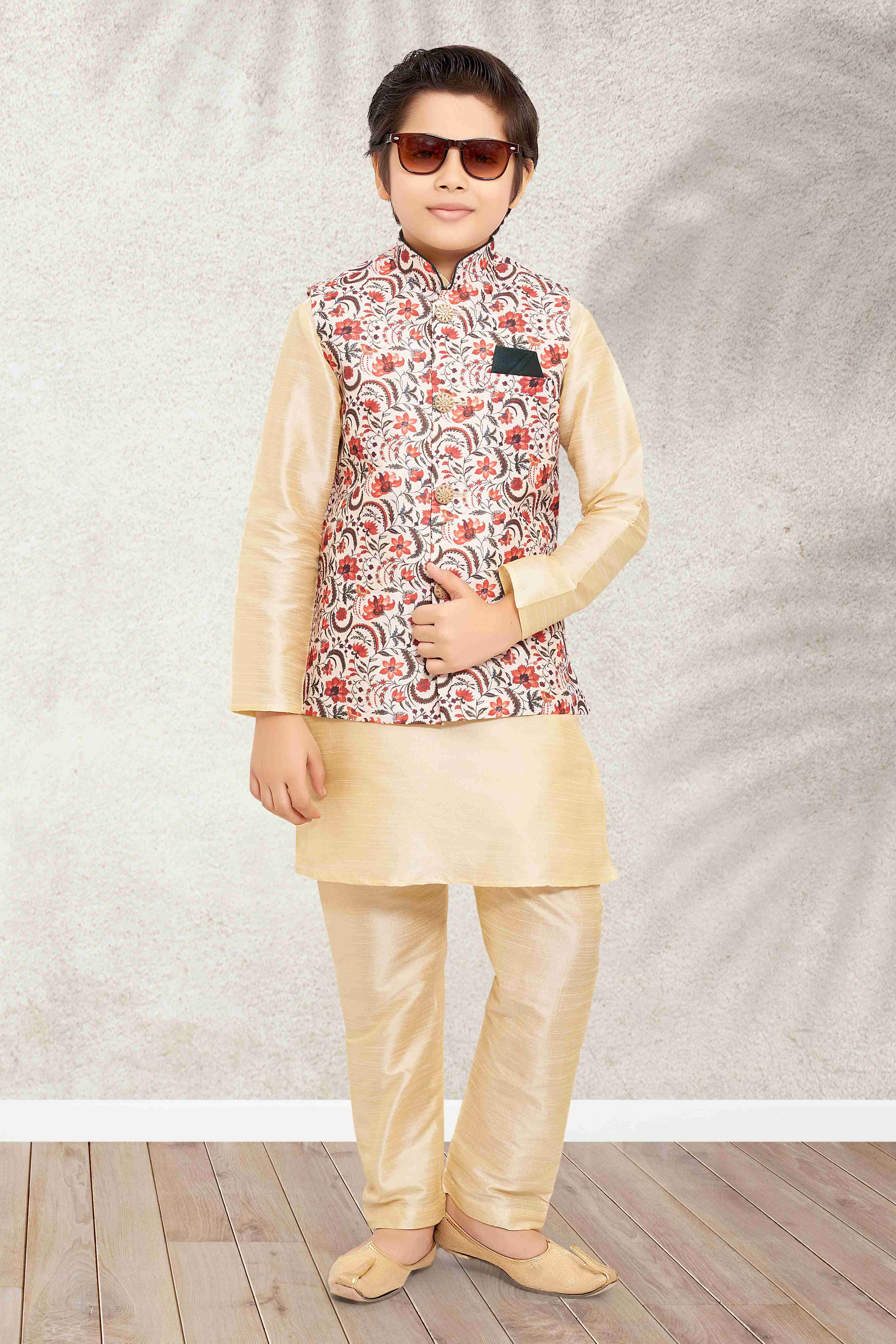 Raivat Ethnic Banarasi Silk Digital Printed Kurta Pajama With Jacket In Cream Colour - Distacart