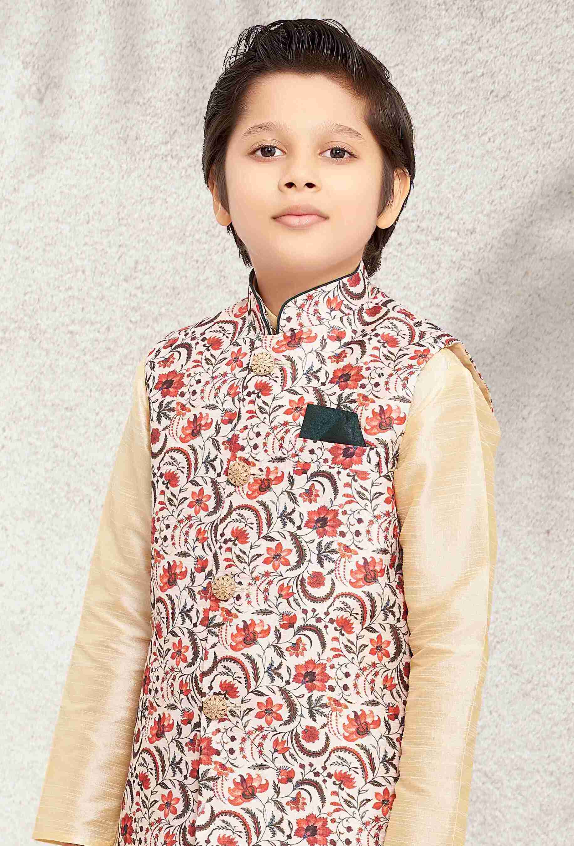 Raivat Ethnic Banarasi Silk Digital Printed Kurta Pajama With Jacket In Cream Colour - Distacart