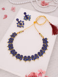 Tehzeeb Creations Blue Colour Gold Pleated Stone Studded Necklace With Earrings