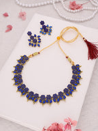 Tehzeeb Creations Blue Colour Gold Pleated Stone Studded Necklace With Earrings