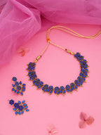 Tehzeeb Creations Blue Colour Gold Pleated Stone Studded Necklace With Earrings