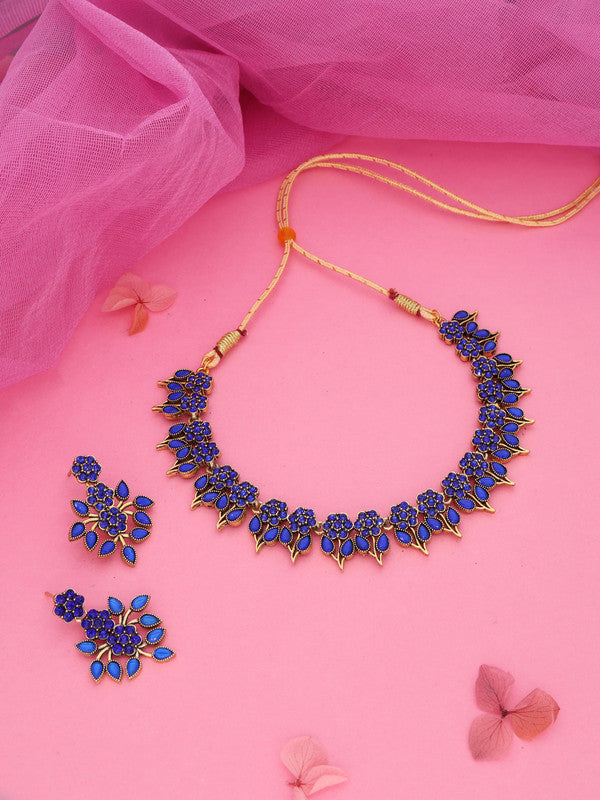 Tehzeeb Creations Blue Colour Gold Pleated Stone Studded Necklace With Earrings