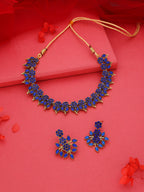 Tehzeeb Creations Blue Colour Gold Pleated Stone Studded Necklace With Earrings