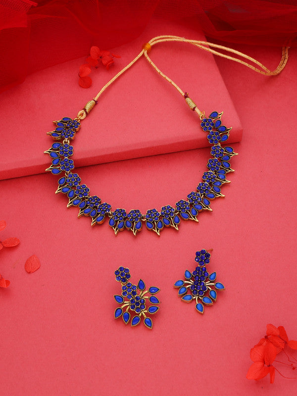 Tehzeeb Creations Blue Colour Gold Pleated Stone Studded Necklace With Earrings