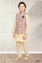 Raivat Ethnic Banarasi Silk Digital Printed Kurta Pajama With Jacket In Cream Colour - Distacart