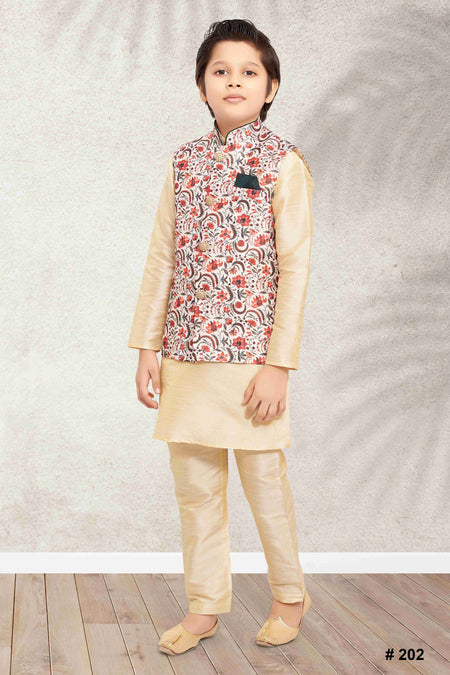 Raivat Ethnic Banarasi Silk Digital Printed Kurta Pajama With Jacket In Cream Colour
