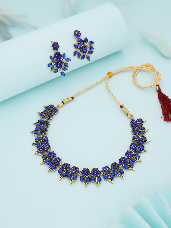 Tehzeeb Creations Blue Colour Gold Pleated Stone Studded Necklace With Earrings