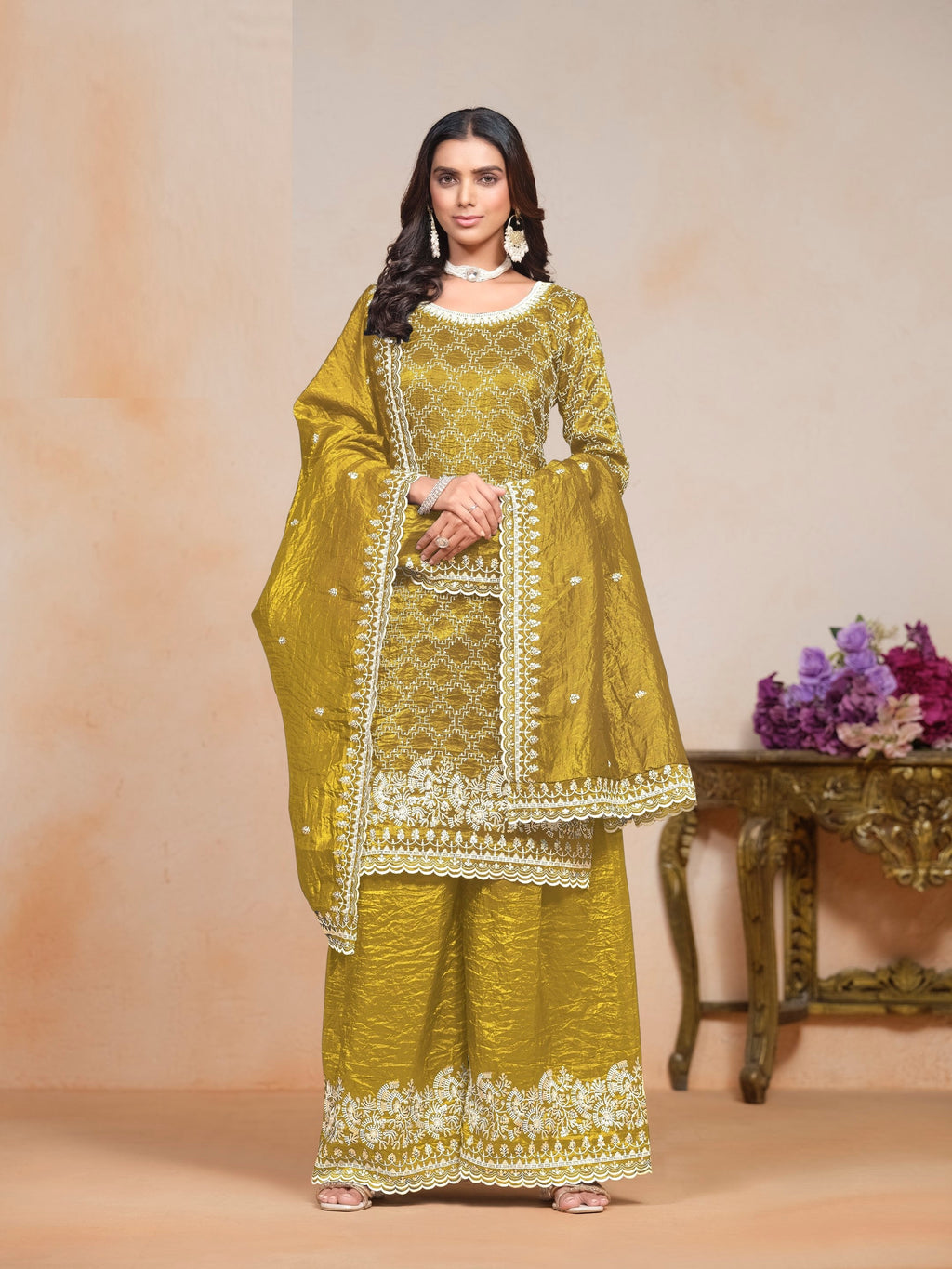 Anaita Mehendi Embroidered Gold Crush Salwar Suit - Distacart