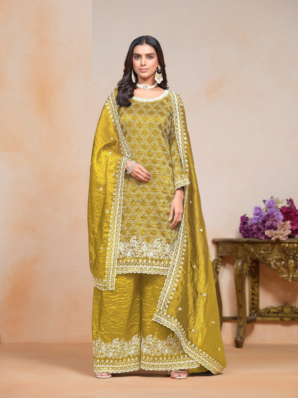 Anaita Mehendi Embroidered Gold Crush Salwar Suit - Distacart