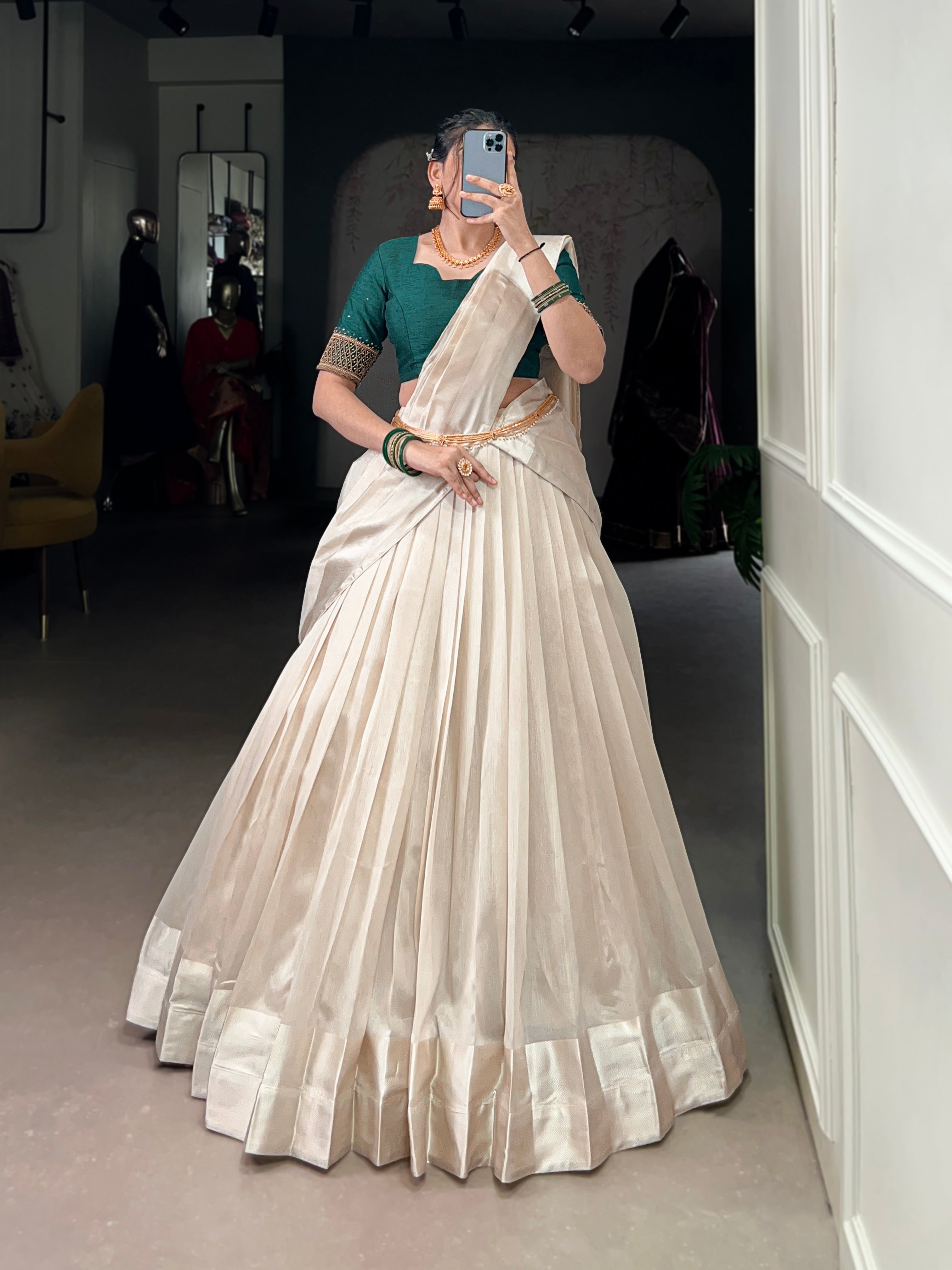 Lorenvalley Fashion White Poly Tasar Viscose Border Lehenga Choli with Dupatta