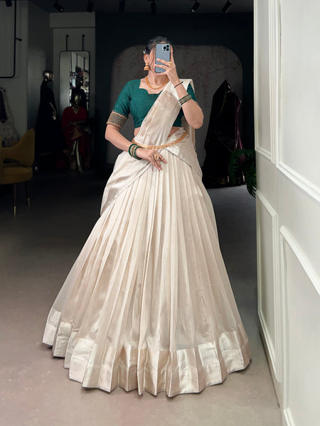 Lorenvalley Fashion White Poly Tasar Viscose Border Lehenga Choli with Dupatta