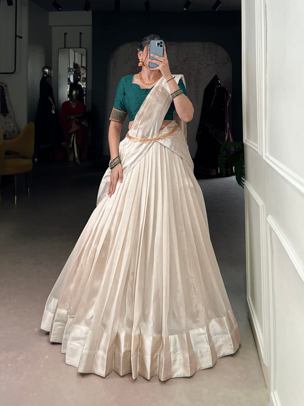 Lorenvalley Fashion White Poly Tasar Viscose Border Lehenga Choli with Dupatta