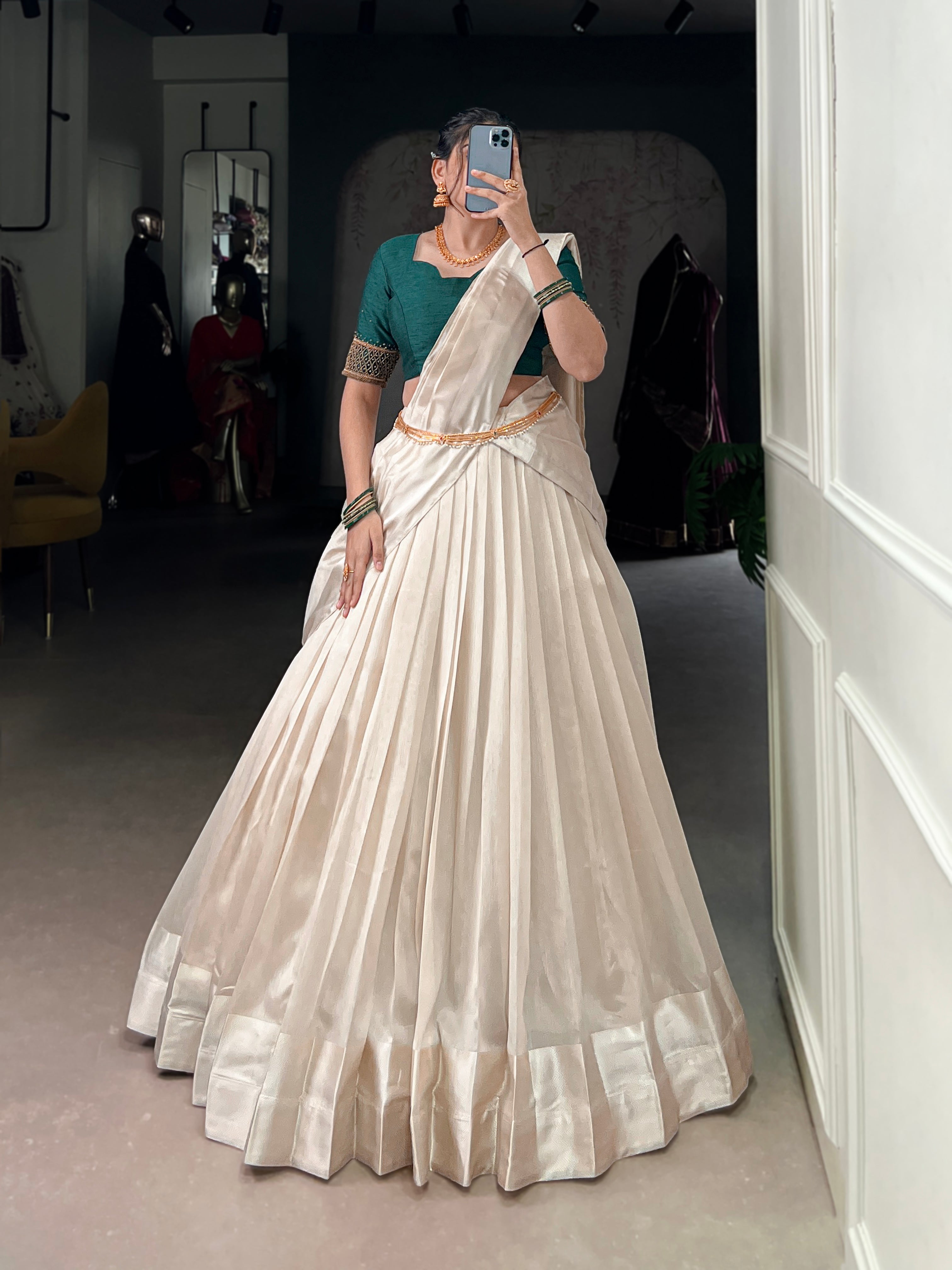 Lorenvalley Fashion White Poly Tasar Viscose Border Lehenga Choli with Dupatta