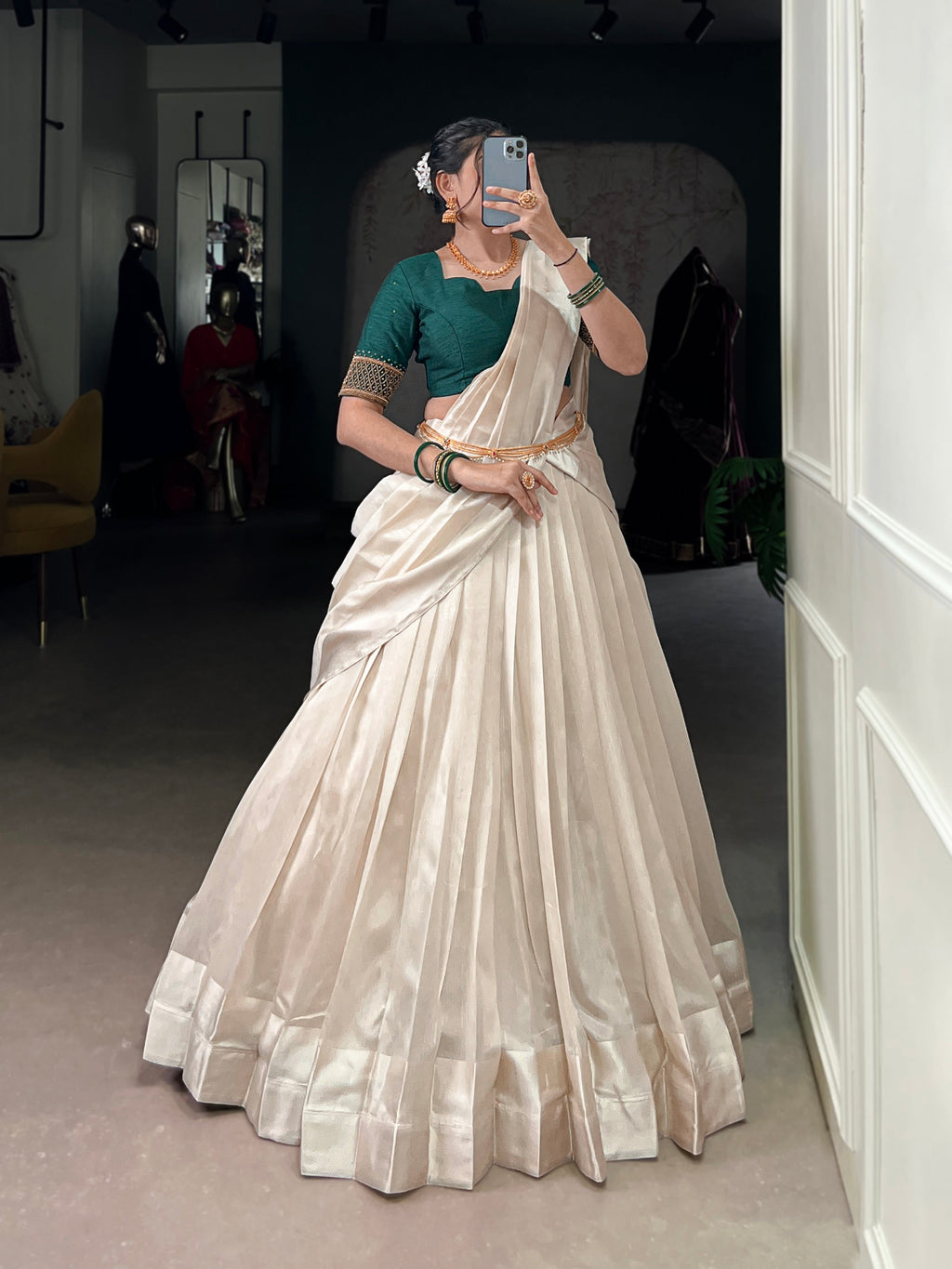 Lorenvalley Fashion White Poly Tasar Viscose Border Lehenga Choli with Dupatta